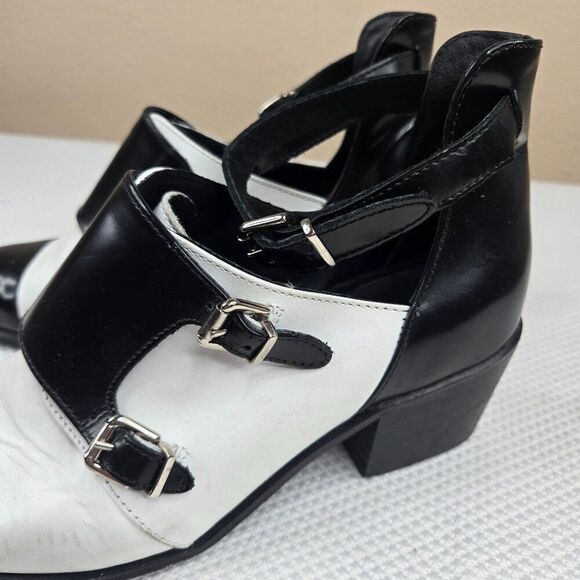 TopShop Black White Leather Heeled Shoes Double Buckles Womens Size 7 - Picture 3 of 12